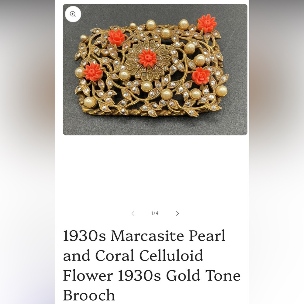 Gorgeous Vintage 1930’s marcasite pearl & coral  brooch!!